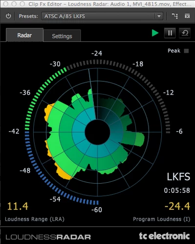 Premiere Pro Loudness Radar에 ATSC A/85 프리셋과 -24.4 LKFS 측정값이 표시된 화면