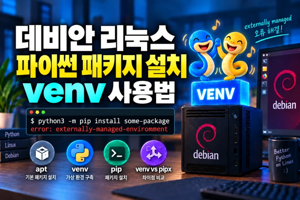 데비안 리눅스에서 venv 가상 환경을 이용해 파이썬 패키지를 설치하는 방법을 설명하는 가로 섬네일 이미지