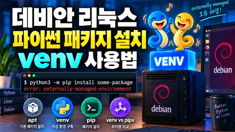 데비안 리눅스에서 venv 가상 환경을 이용해 파이썬 패키지를 설치하는 방법을 설명하는 가로 섬네일 이미지