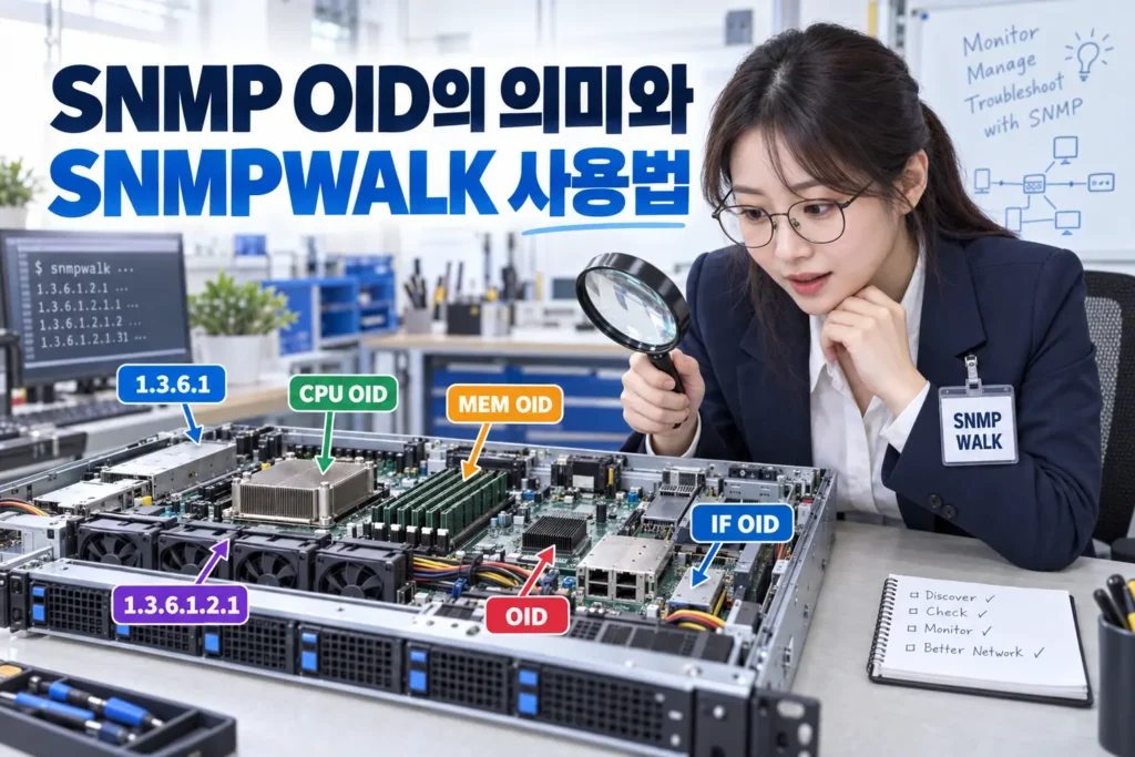 SNMPWALK 명찰을 단 엔지니어가 돋보기로 열린 1RU 서버의 메인보드와 OID 표시를 살펴보는 모습의 가로 이미지