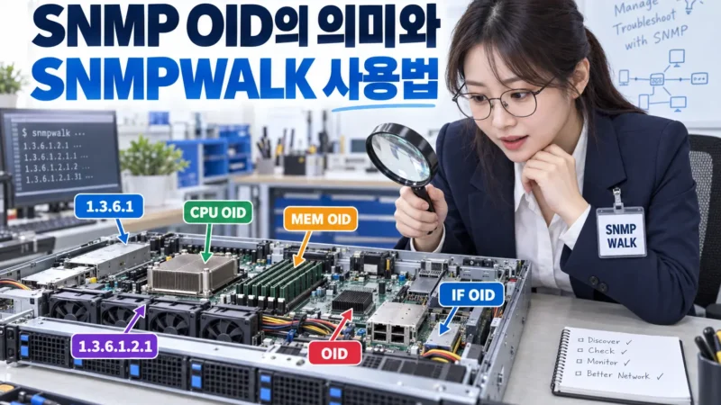 SNMPWALK 명찰을 단 엔지니어가 돋보기로 열린 1RU 서버의 메인보드와 OID 표시를 살펴보는 모습의 가로 이미지