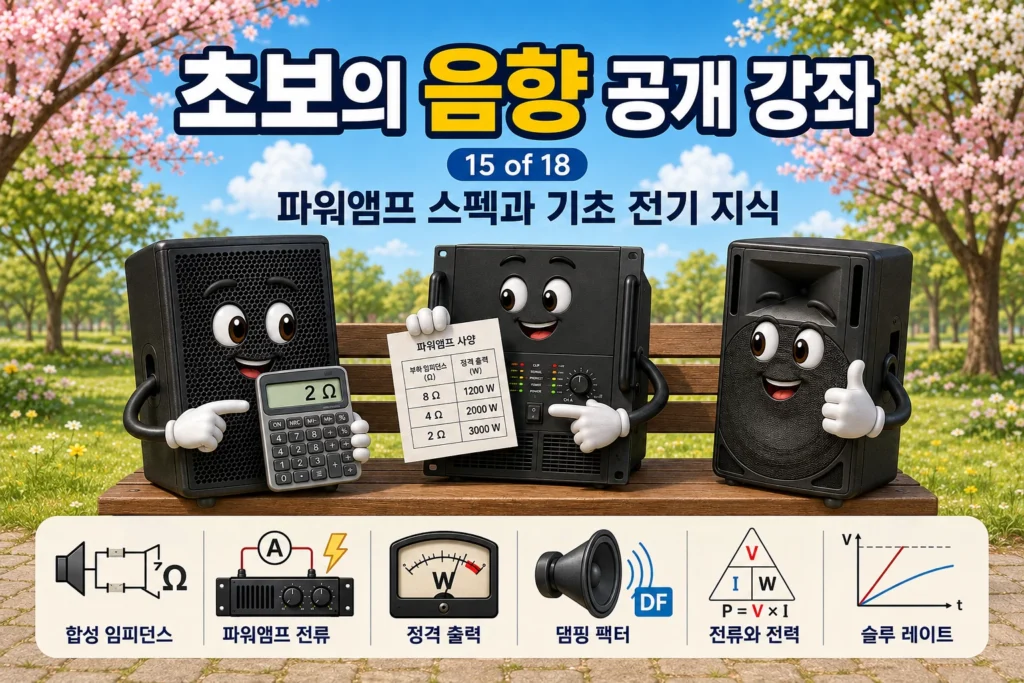 파워앰프의 스펙 문서를 보고 스피커의 사용 가능 여부를 판단하는 모습을 묘사한 가로 섬네일 이미지
