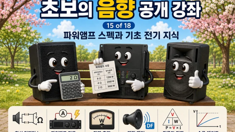 파워앰프의 스펙 문서를 보고 스피커의 사용 가능 여부를 판단하는 모습을 묘사한 가로 섬네일 이미지