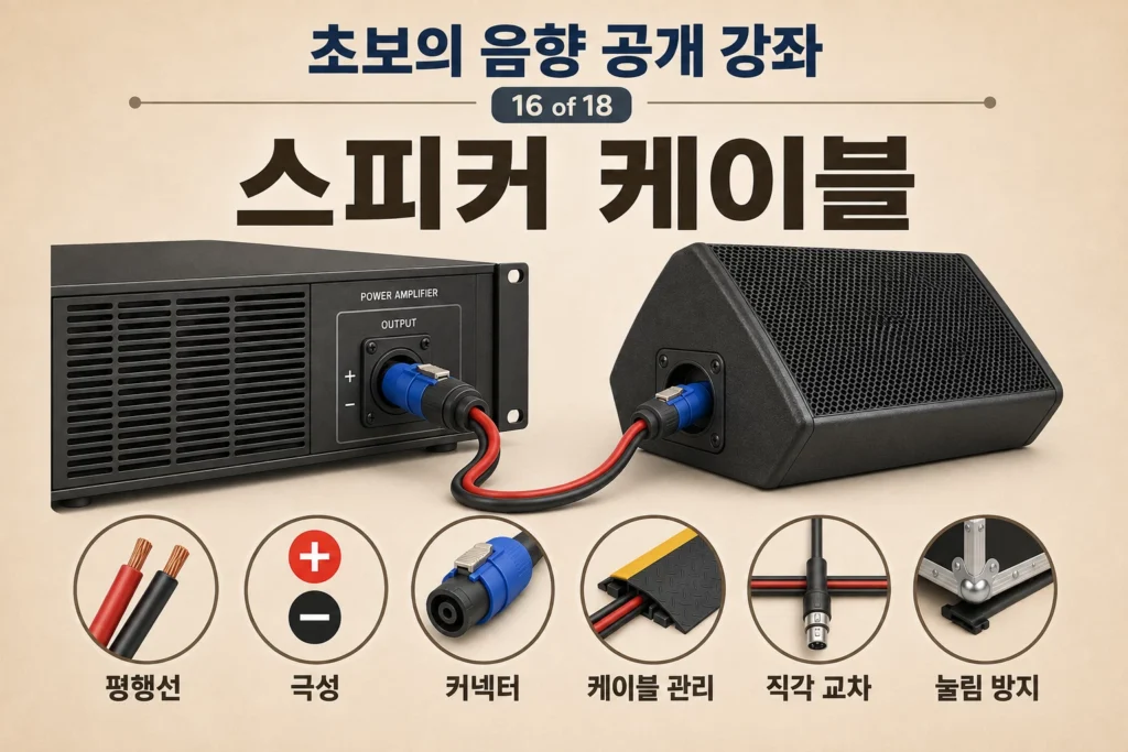 파워앰프와 모니터 스피커를 스피커 케이블로 연결하고 평행선·극성·커넥터·케이블 관리 아이콘을 배치한 음향 공개 강좌 16강 가로 섬네일