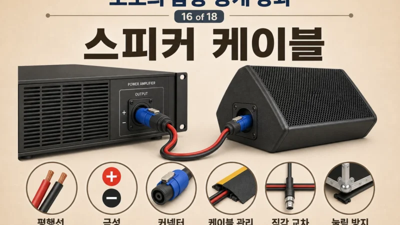 파워앰프와 모니터 스피커를 스피커 케이블로 연결하고 평행선·극성·커넥터·케이블 관리 아이콘을 배치한 음향 공개 강좌 16강 가로 섬네일