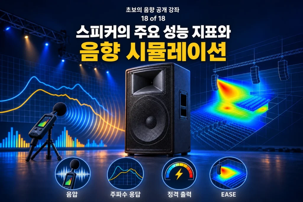 스피커와 음향 시뮬레이션 화면, 주요 성능 지표 아이콘을 배치한 초보의 음향 공개 강좌 18강 가로형 섬네일