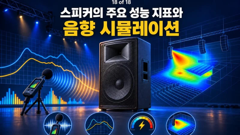 스피커와 음향 시뮬레이션 화면, 주요 성능 지표 아이콘을 배치한 초보의 음향 공개 강좌 18강 가로형 섬네일