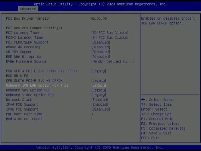 Supermicro BIOS의 PCIe·PnP Configuration에서 Onboard 10G LAN Option ROM과 Network Stack 및 IPv4·IPv6 PXE 설정이 표시된 화면