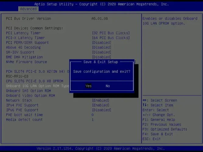 Supermicro BIOS에서 변경한 설정을 저장하고 종료할지 묻는 Save & Exit Setup 확인 창