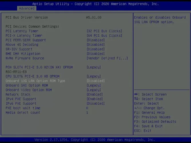 Supermicro BIOS에서 Onboard 10G LAN Option ROM Type이 Disabled로 변경된 PCIe·PnP 설정 화면