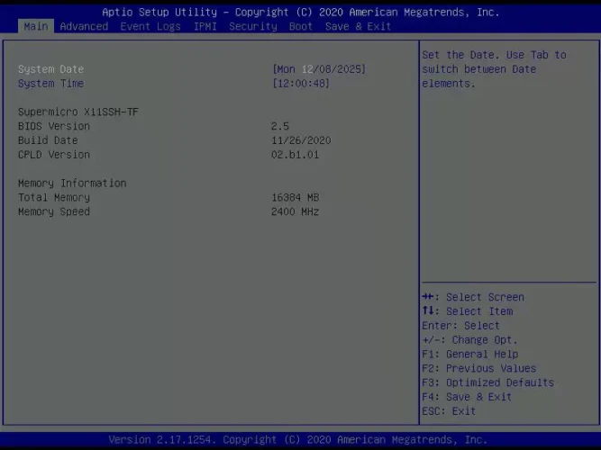 Supermicro X11SSH-TF의 BIOS 메인 화면에 BIOS 버전과 메모리 정보가 표시된 모습