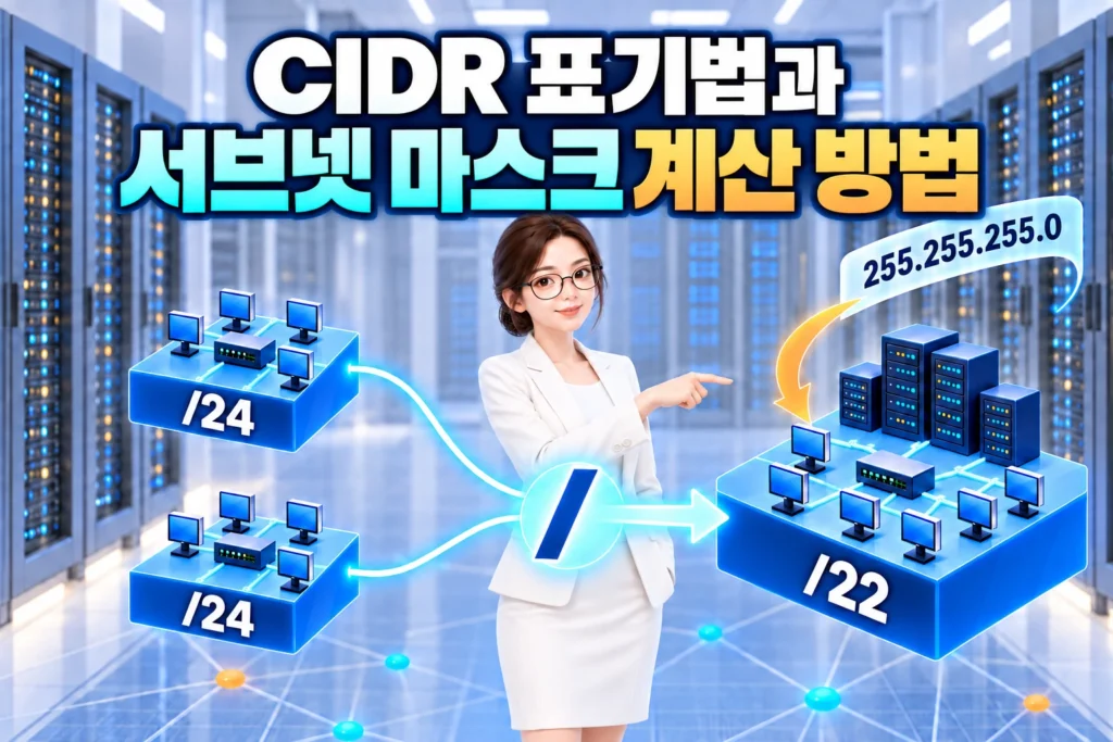 두 개의 /24 네트워크가 하나의 /22 네트워크로 합쳐지는 CIDR 구조를 설명하는 엔지니어를 묘사한 가로 이미지