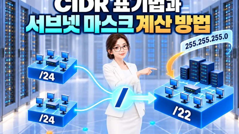두 개의 /24 네트워크가 하나의 /22 네트워크로 합쳐지는 CIDR 구조를 설명하는 엔지니어를 묘사한 가로 이미지