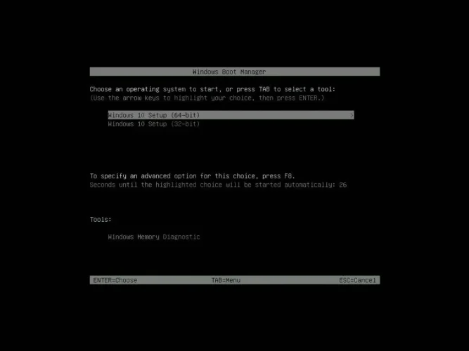 Windows Boot Manager에서 Windows 10 Setup 64비트와 32비트를 선택하는 화면