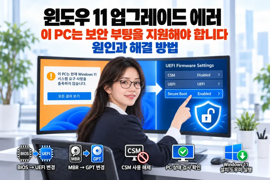 Windows 11 업그레이드 오류와 보안 부팅 설정을 안내하는 여성 엔지니어 및 BIOS·UEFI·MBR·GPT·CSM·PC 상태 검사 아이콘 가로 섬네일