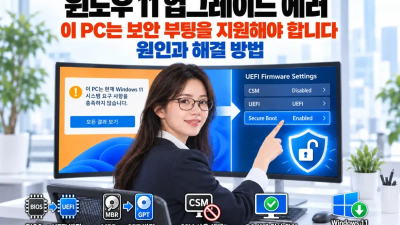 Windows 11 업그레이드 오류와 보안 부팅 설정을 안내하는 여성 엔지니어 및 BIOS·UEFI·MBR·GPT·CSM·PC 상태 검사 아이콘 가로 섬네일
