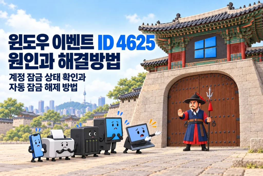 윈도우 이벤트 ID 4625로 발생한 윈도우 계정 잠금 상태를 묘사한 가로 섬네일 이미지