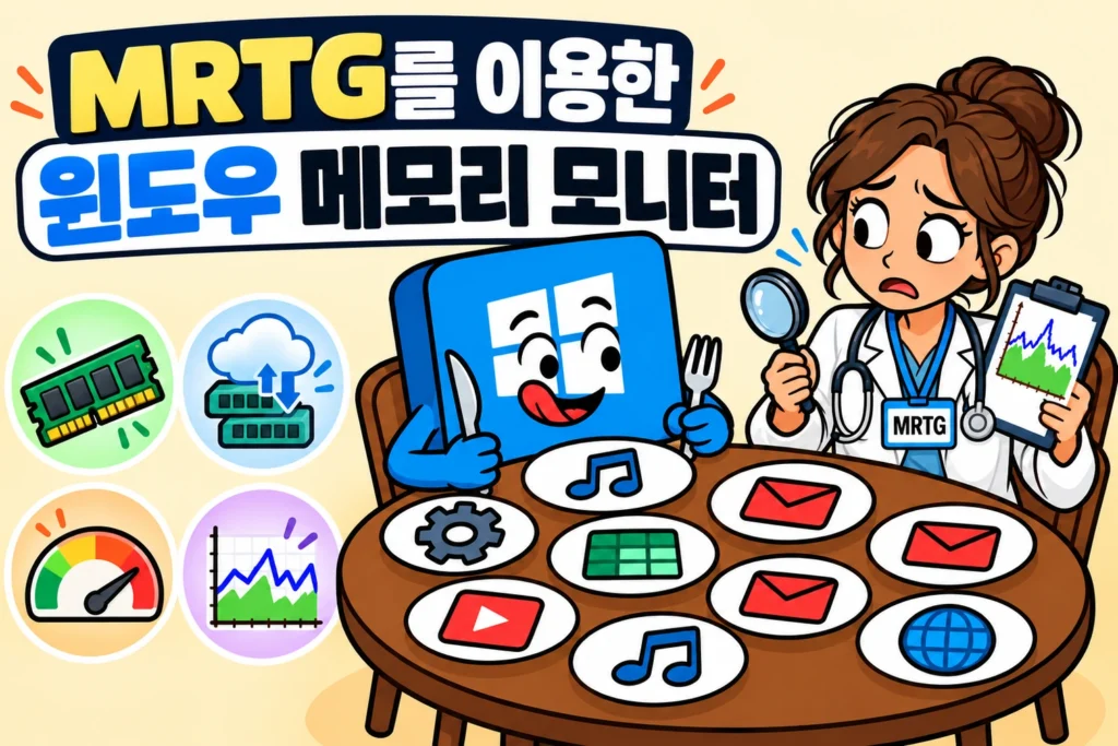 윈도우와 MRTG 의사 옆에 실제 메모리·가상 메모리·사용률·그래프 생성 아이콘을 배치한 가로형 섬네일