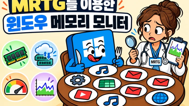 윈도우와 MRTG 의사 옆에 실제 메모리·가상 메모리·사용률·그래프 생성 아이콘을 배치한 가로형 섬네일