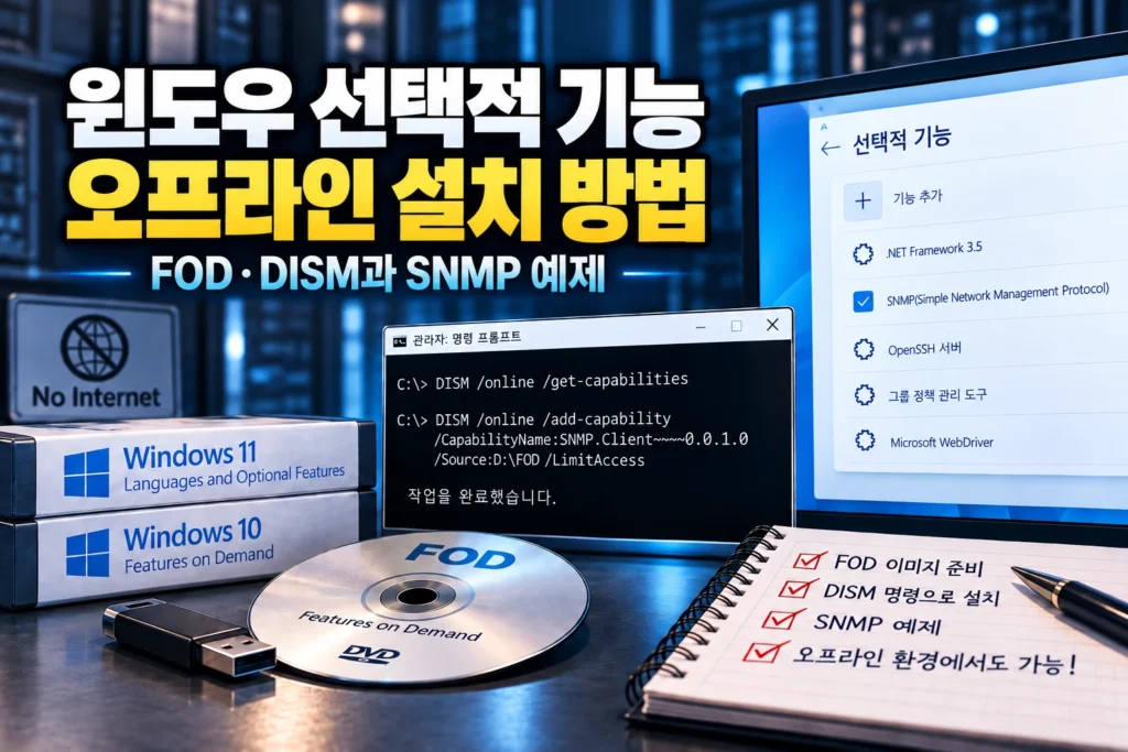 인터넷에 연결되지 않은 윈도우에서 FOD 설치 미디어를 준비하고 DISM의 Add-Capability 기능을 이용해 선택적 기능을 설치하는 과정을 표현한 가로 섬네일 이미지. Windows 10의 Features on Demand ISO와 Windows 11의 Languages and Optional Features ISO, 그리고 SNMP 설치 예제를 시각적으로 나타낸다.