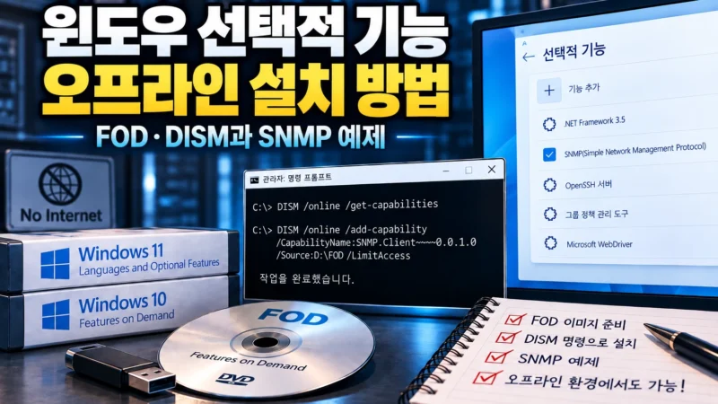 인터넷에 연결되지 않은 윈도우에서 FOD 설치 미디어를 준비하고 DISM의 Add-Capability 기능을 이용해 선택적 기능을 설치하는 과정을 표현한 가로 섬네일 이미지. Windows 10의 Features on Demand ISO와 Windows 11의 Languages and Optional Features ISO, 그리고 SNMP 설치 예제를 시각적으로 나타낸다.