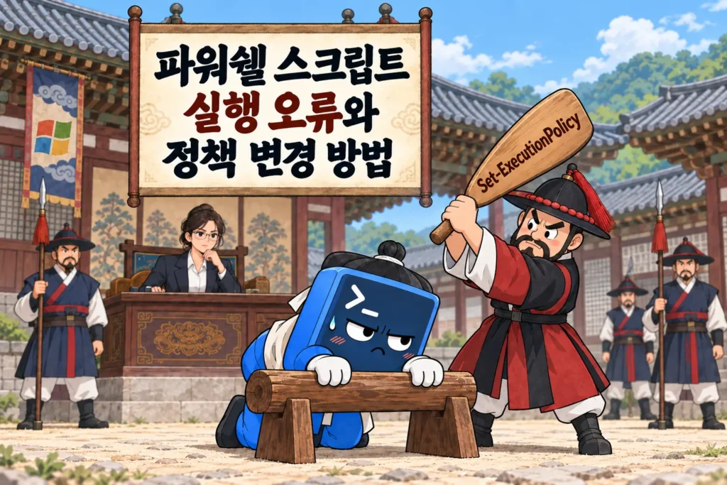 조선시대 관아에서 여성 엔지니어가 지켜보는 가운데 포졸이 파워쉘 캐릭터에게 Set-ExecutionPolicy 곤장을 들고 있는 모습을 묘사한 파워쉘 스크립트 실행 오류 및 정책 변경 방법 게시글 가로 섬네일