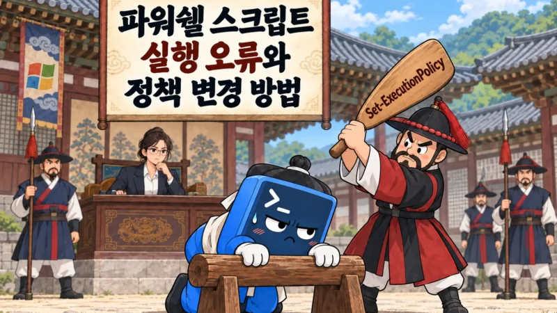 조선시대 관아에서 여성 엔지니어가 지켜보는 가운데 포졸이 파워쉘 캐릭터에게 Set-ExecutionPolicy 곤장을 들고 있는 모습을 묘사한 파워쉘 스크립트 실행 오류 및 정책 변경 방법 게시글 가로 섬네일