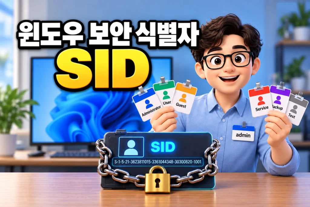 여러 사용자 명찰을 든 Windows 관리자와 잠금장치로 보호된 SID가 배치된 가로형 이미지