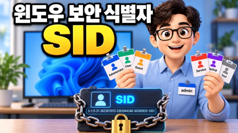 여러 사용자 명찰을 든 Windows 관리자와 잠금장치로 보호된 SID가 배치된 가로형 이미지