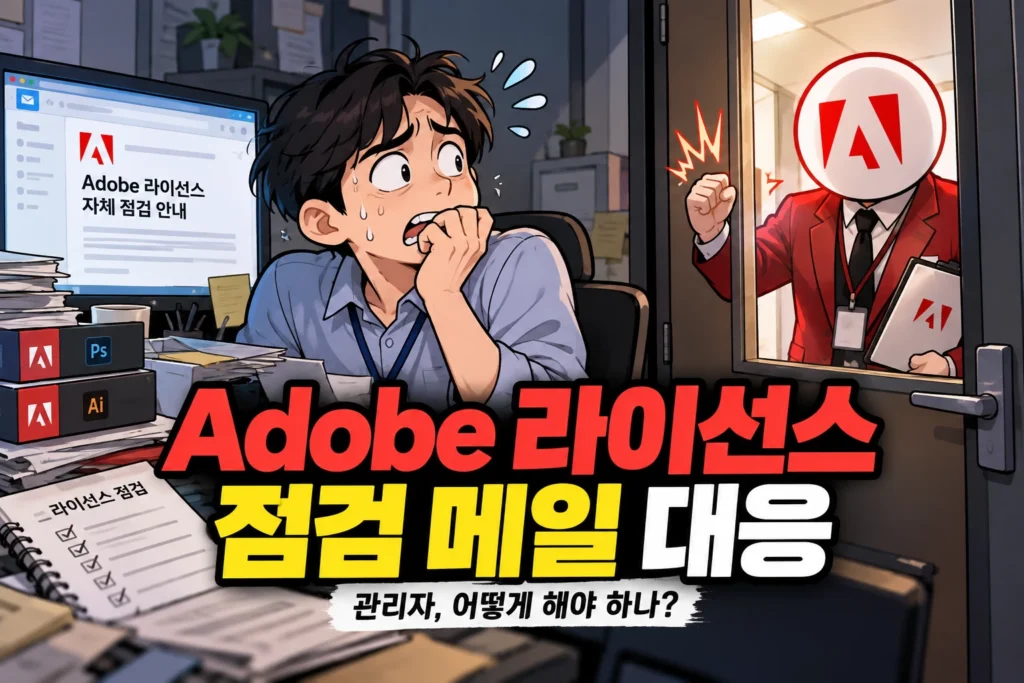 Adobe 라이선스 자체 점검 메일을 받은 관리자가 긴장한 가운데 Adobe 로고의 점검 담당자가 사무실 문을 두드리는 일러스트