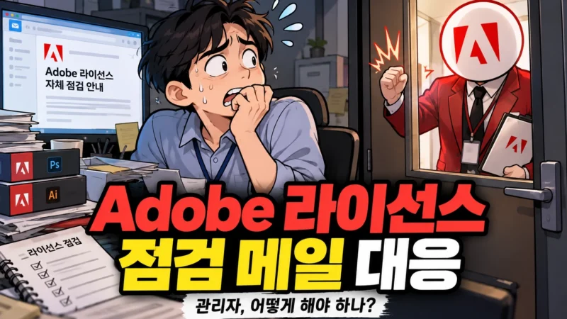 Adobe 라이선스 자체 점검 메일을 받은 관리자가 긴장한 가운데 Adobe 로고의 점검 담당자가 사무실 문을 두드리는 일러스트
