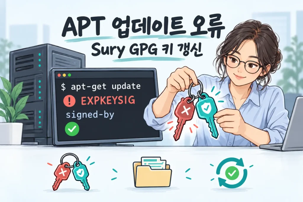 만료된 키와 새 키링, EXPKEYSIG 오류 화면으로 Sury 공개키 갱신과 signed-by 설정을 통한 APT 업데이트 복구를 표현한 가로형 섬네일.