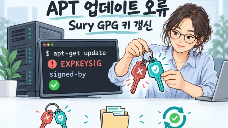 만료된 키와 새 키링, EXPKEYSIG 오류 화면으로 Sury 공개키 갱신과 signed-by 설정을 통한 APT 업데이트 복구를 표현한 가로형 섬네일.
