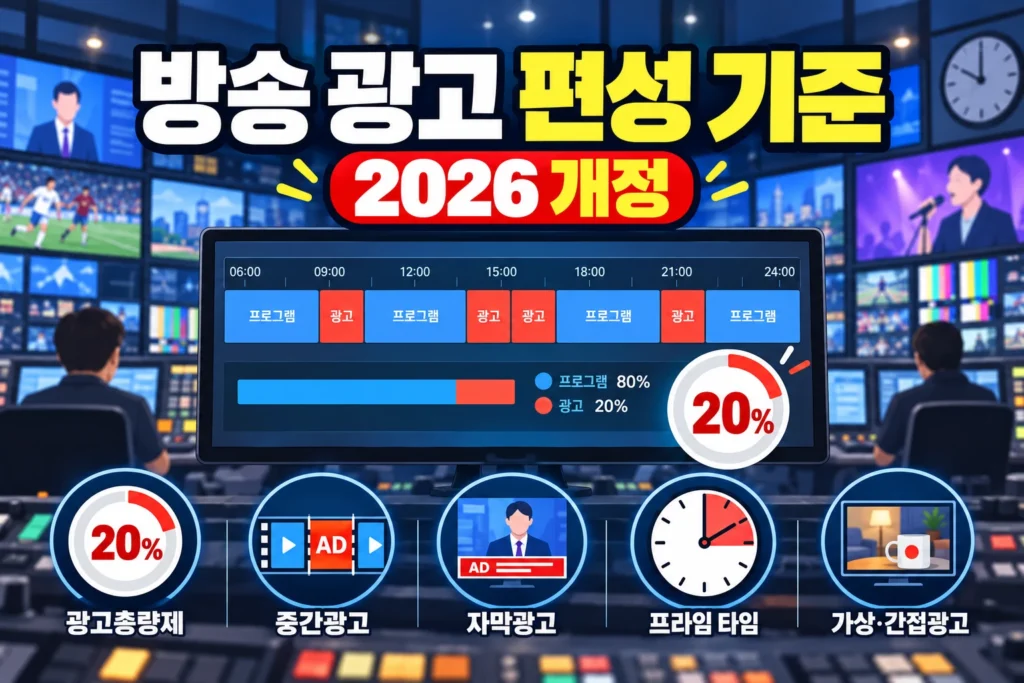 2026년 10월 16일부터 적용되는 방송광고 편성 기준 개정을 표현한 섬네일 이미지. 일일 광고총량 20%, 주시청시간대 제한, 중간광고 허용 기준, 자막광고, 가상·간접광고 등 방송 편성 실무자가 확인해야 할 주요 개정 사항을 시각적으로 정리했다.