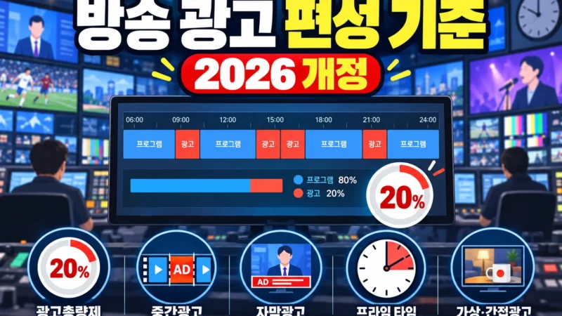 2026년 10월 16일부터 적용되는 방송광고 편성 기준 개정을 표현한 섬네일 이미지. 일일 광고총량 20%, 주시청시간대 제한, 중간광고 허용 기준, 자막광고, 가상·간접광고 등 방송 편성 실무자가 확인해야 할 주요 개정 사항을 시각적으로 정리했다.