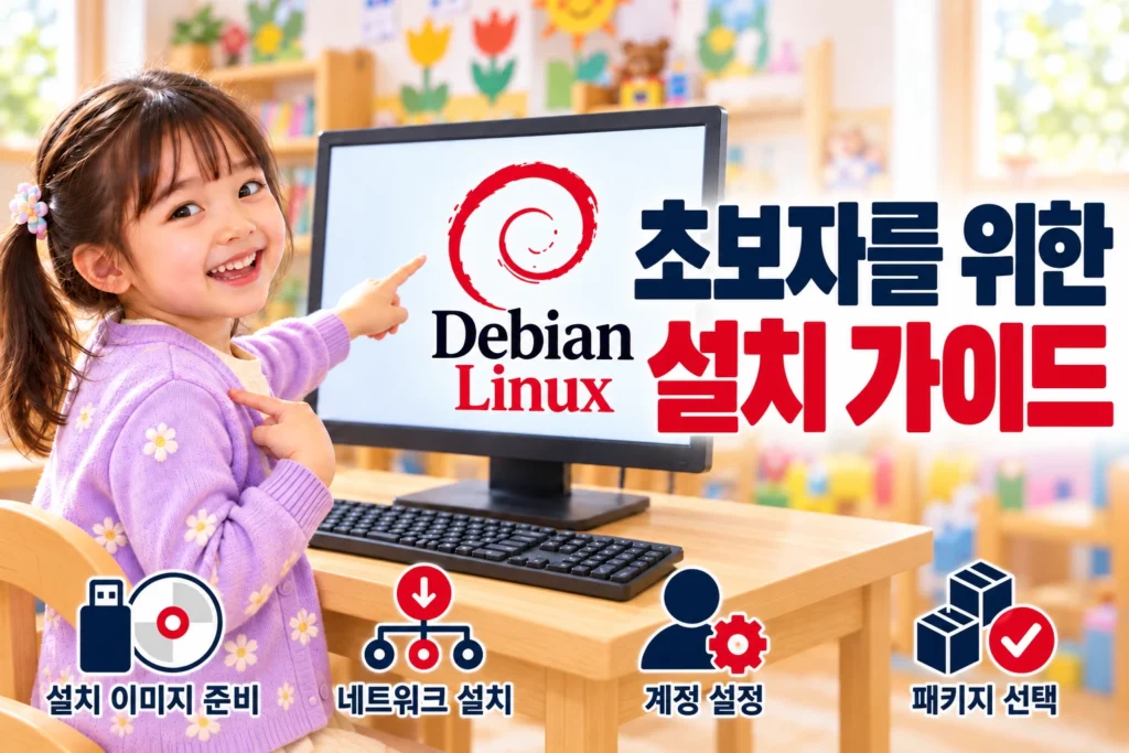 데비안 리눅스 로고가 표시된 모니터 앞에서 아이가 화면과 자신을 가리키며 자랑스럽게 웃는 장면으로, 초보자도 설치에 도전할 수 있다는 의미를 표현한 가로형 섬네일 이미지