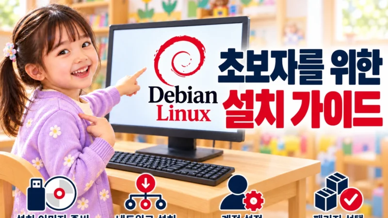 데비안 리눅스 로고가 표시된 모니터 앞에서 아이가 화면과 자신을 가리키며 자랑스럽게 웃는 장면으로, 초보자도 설치에 도전할 수 있다는 의미를 표현한 가로형 섬네일 이미지