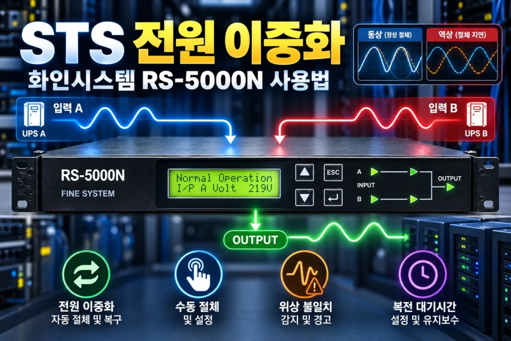 화인시스템 RS-5000N STS를 중심으로 UPS A·B의 전원 이중화, 자동·수동 절체, 위상 불일치 경고 및 복전 대기시간 설정을 나타낸 섬네일
