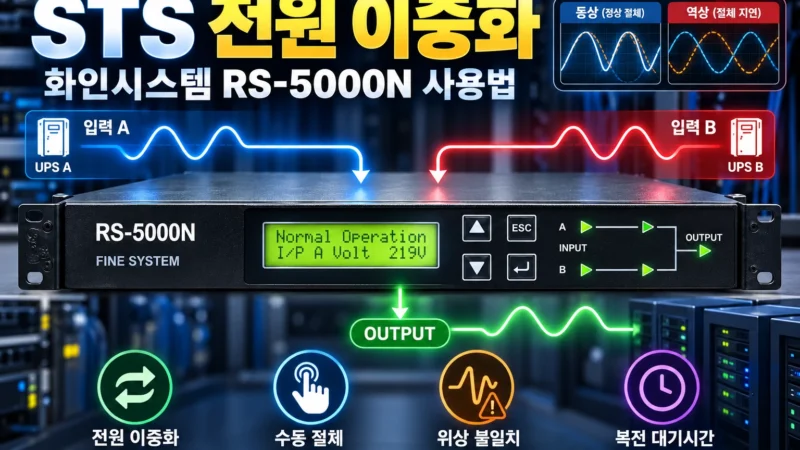 화인시스템 RS-5000N STS를 중심으로 UPS A·B의 전원 이중화, 자동·수동 절체, 위상 불일치 경고 및 복전 대기시간 설정을 나타낸 섬네일
