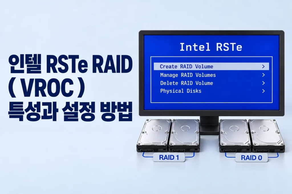 왼쪽에 인텔 RSTe RAID 특성과 설정 방법이라는 제목, 오른쪽에 설정 화면과 디스크 네 개를 배치한 가로형 그림