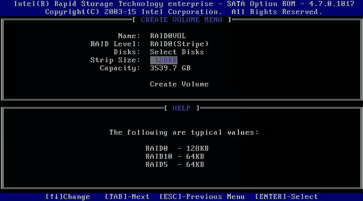 RAID0 Stripe 볼륨 생성 화면에서 Strip Size가 128KB로 설정된 모습