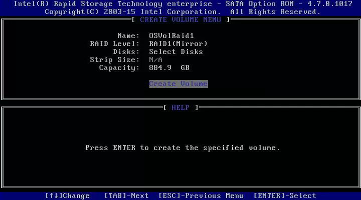 RAID1 Mirror와 Strip Size N/A가 표시되고 Create Volume이 선택된 Intel RSTe 화면