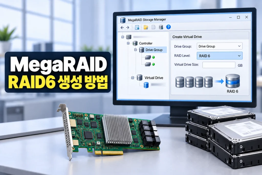 MSM 설정 화면을 띄운 모니터, RAID 카드와 하드디스크가 배치된 그림