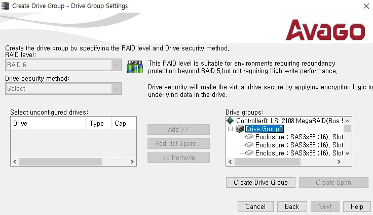 선택한 디스크가 오른쪽 Drive Group0에 추가되고 Create Drive Group 버튼이 활성화된 화면