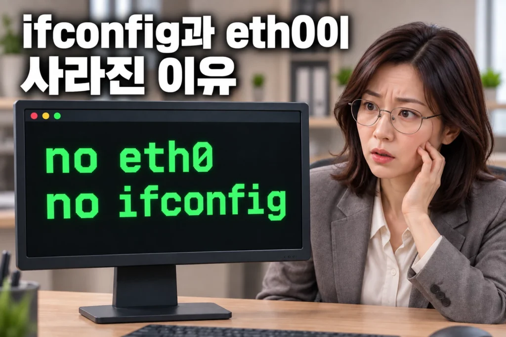 no eth0와 no ifconfig가 표시된 모니터를 보고 당황하는 엔지니어