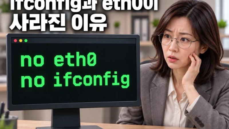 no eth0와 no ifconfig가 표시된 모니터를 보고 당황하는 엔지니어