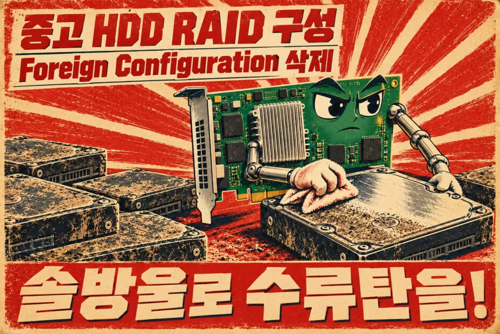 중고 디스크의 Foreign Configuration 삭제를 낡은 하드디스크를 정성껏 닦는 장면으로 비유했다. 의인화한 RAID 컨트롤러와 붉은 방사형 배경, 거친 인쇄 질감을 사용한 섬네일이다.