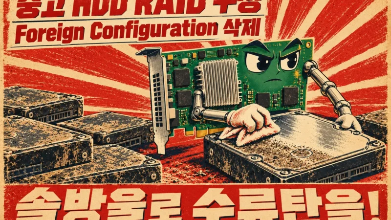 중고 디스크의 Foreign Configuration 삭제를 낡은 하드디스크를 정성껏 닦는 장면으로 비유했다. 의인화한 RAID 컨트롤러와 붉은 방사형 배경, 거친 인쇄 질감을 사용한 섬네일이다.
