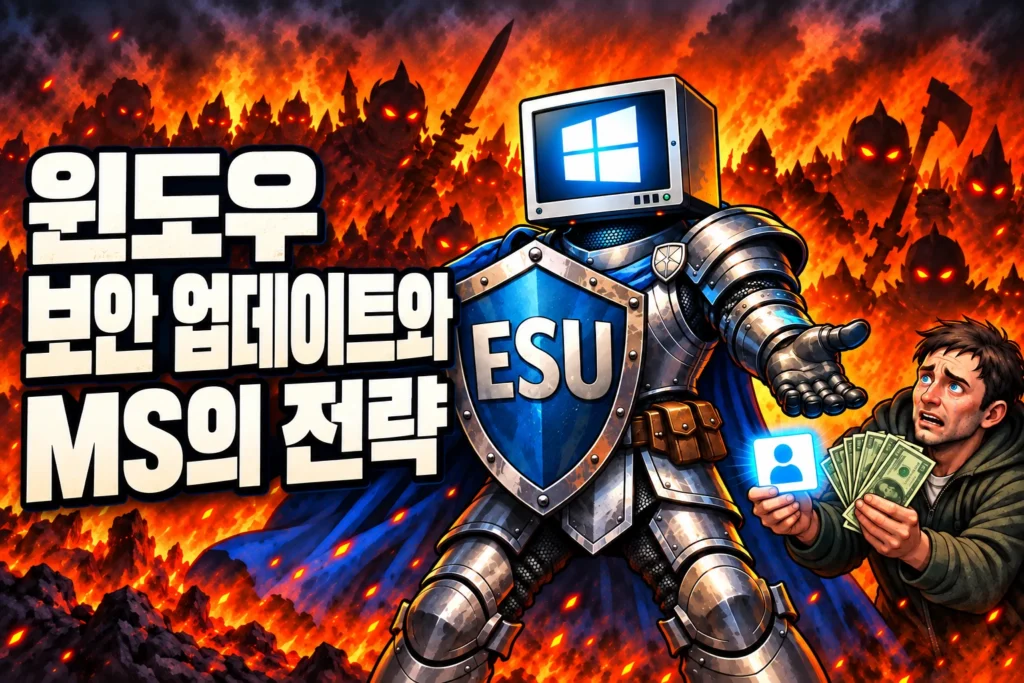 ESU 방패를 든 윈도우 모니터 머리의 기사에게 사용자가 계정 정보 카드와 현찰을 함께 바치는 삽화