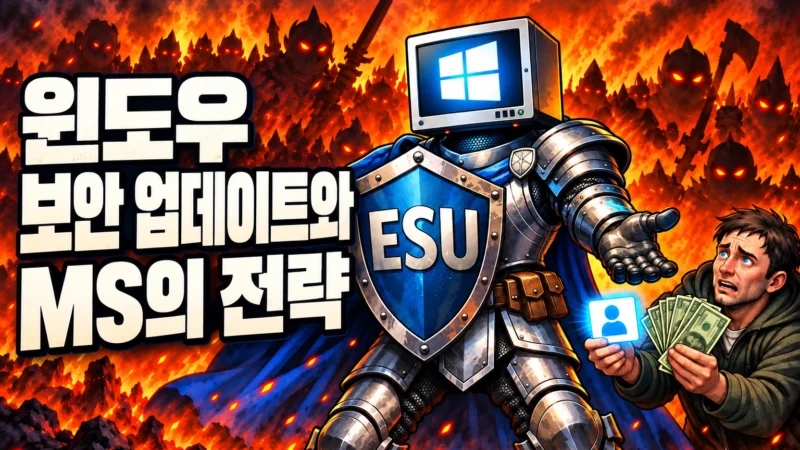 ESU 방패를 든 윈도우 모니터 머리의 기사에게 사용자가 계정 정보 카드와 현찰을 함께 바치는 삽화